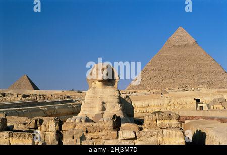 Le Grand Sphinx en face des grandes Pyramides.Giza, Égypte Banque D'Images