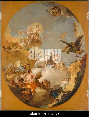 Le Chariot de l'Aurora 1760s Giovanni Battista Tiepolo l'Aurora italien, dans son char, est accompagné des heures et annoncée par Apollon; le chiffre du temps est à droite.On peut aussi reconnaître les ceres, avec une feuille de blé, et les Bacchus, portant une couronne de feuilles de vigne.Le croquis peut avoir été présenté comme une proposition de Tiepolo pour la décoration d'un plafond dans le Palacio Real à Madrid.Tiepolo a été convoqué en Espagne en 1762 pour décorer la salle du trône; un plafond sur ce thème a été peint dans la chambre de la reine en 1763 par le rival allemand de l'artiste, Anton Raphael Mengs.Le Chariot d'Auror Banque D'Images