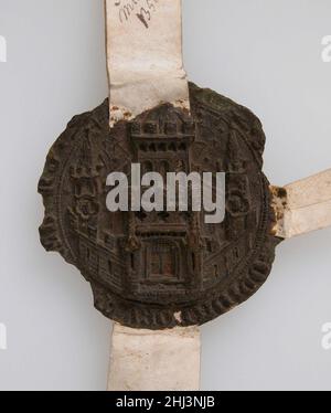 Impression de phoque, Sceau municipal de Middelburg ca.1374 Netherlandish.Impression du phoque, Sceau municipal de Middelburg 466076 Netherlandish, Sceau municipal de Middelburg, ca.1374, cire brune, combinaison (avec rubans de parchemin) : 5 9/16 x 3 11/16 x 1/2 po.(14,1 x 9,4 x 1,2 cm) cire uniquement : 2 11/16 x 1/2 po.(6,8 x 1,2 cm).Metropolitan Museum of Art, New York.Don de H.P.Kraus, 1981 (1981.534.2) Banque D'Images