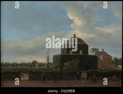 Le huis Ten Bosch à la Haye et son jardin formel (vue de l'est) ca.1668–70 Jan van der Heyden Dutch artiste et inventeur (entre autres improve­ments urbains, il a conçu la pompe à incendie), Van der Heyden s'est spécialisé dans les paysages urbains précis et lumineux et les vues sur les maisons de campagne.Ces deux peintures en forme de bijou représentent Huis Ten Bosch (Maison dans les Bois), la maison de campagne de la veuve Princesse d'Orange et encore une résidence de la famille royale hollandaise aujourd'hui.Van der Heyden montre la maison au milieu de son jardin formel d'hédgerows, de pavillons, et d'obélisques, peuplés par des jardiniers en travaux Banque D'Images