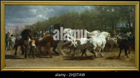La Foire du cheval 1852–55 Rosa bonheur French cette peinture, la plus connue de bonheur, montre le marché du cheval tenu à Paris sur le boulevard de l’Hôpital, bordé d’arbres, près de l’asile de Salpêtrière, qui est visible sur le fond gauche.Pendant un an et demi, Bonheur y a esquissé deux fois par semaine, s'habillant comme un homme pour décourager l'attention.Bonheur a été bien établi comme peintre animal lorsque la peinture a débuté au salon de Paris de 1853, où elle a reçu de nombreux éloges.En arrivant au projet final, l'artiste s'est inspiré de George Stubbs, Théodore Gericault, Eugène Delacroix et Ancient Banque D'Images
