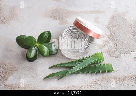 Texture de gel avec des bulles d'acide hyaluronique et des branches d'aloe vera dans un pot de verre sur un fond de béton Banque D'Images