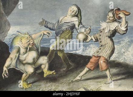 Stephano, Trinculo et Caliban dansant du Tempest par Johann Heinrich Ramberg. Banque D'Images