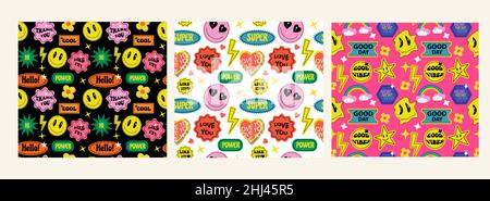 Abstrait Retro 70s patchs autocollants ensemble de motifs sans couture.Collection d'autocollants, de timbres, de fonds.Drôle de personnages de bande dessinée mignon style de dessin animé Illustration de Vecteur