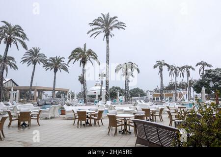 Belek, Antalya, Turquie - 26 janvier 2022 : fortes chutes de neige sur la côte méditerranéenne.Tempête de neige et palmiers blancs.Plages et hôtel vides Banque D'Images