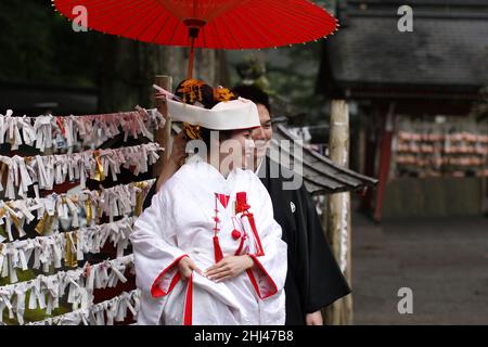 Nikko, Japon - 29th juin 2019 : mariage traditionnel japonais dans le célèbre sanctuaire shinto du Futarasan Jinja à Nikko, Japon. Banque D'Images