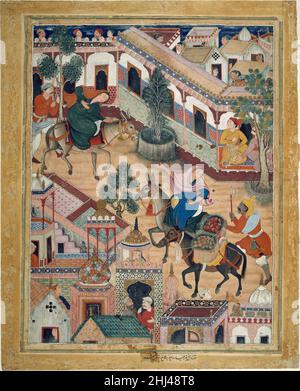 'Le Spy Zambur apporte Mahiya à la ville de Tawariq', Folio d'un Hamzanama (Livre de Hamza) ca.1570 attribué à Kesav Das le Hamzanama raconte l'histoire fantastique de Hamza, un oncle du Prophète, qui a voyagé dans le monde en diffusant les enseignements de l'Islam.L'histoire était un sujet populaire pour la récitation publique dans les cafés, si excitant et plein d'éléments fantastiques étaient les contes.Le jeune empereur Akbar a commandé une version illustrée du manuscrit composé de 1 400 grandes illustrations, chacune mesurant plus de deux pieds, avec du texte au dos pour faciliter la récitation.C'était le plus tôt Banque D'Images