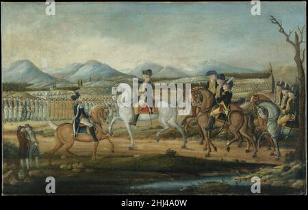 Washington examen de l'Armée de l'Ouest à fort Cumberland, Maryland après 1795 attribué à Frederick Kemmelmeyer le 16 octobre 1794, le président George Washington a appelé la milice de fort Cumberland, Maryland, à réprimer une rébellion dans l'ouest de la Pennsylvanie.Le conflit a été précipité par les lois de 1792 sur l'accise concernant la vente de spiritueux distillés.Les immigrants écossais et irlandais qui ont vécu de la vente et de la troc de whisky ont jugé ces lois discriminatoires et leurs protestations se sont transformées en émeutes de grande ampleur.A l’arrivée de Washington pour revoir ses troupes, la résistance a disparu.T Banque D'Images