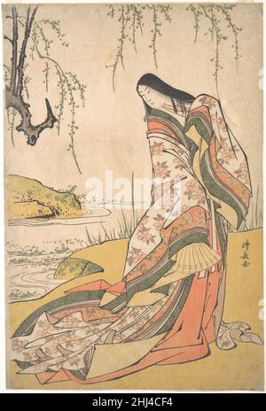 Kanjo: Une Dame de la Cour ca.1790 Torii Kiyonaga japonais le placement de femmes en extérieur a ouvert la voie aux tirages de la prochaine génération.Ici, le traitement doux d'un saule à côté d'un ruisseau, qui rappelle la poésie Heian et la peinture chinoise au pinceau, sert de feuille pour la ligne angulaire et nette de la figure. Le sujet est Ono no Komachi, la poétesse Heian, représentée en costume formel jūni-hitoe, ou en costume de cour à douze couches.Les nuances infiniment subtiles de vert doux, orange, rose et jaune auraient signifié ses sensibilités esthétiques aux hommes qui n'avaient qu'un aperçu Banque D'Images