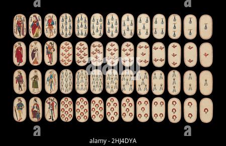 Les cartes à jouer Cloisters ca.1475–80 Netherlandish du Sud l'ensemble Cloisters de cinquante-deux cartes constitue le seul jeu complet connu de cartes à jouer ordinaires illuminées (par opposition aux cartes tarot) du XVe siècle.Il y a quatre costumes, chacun composé d'un roi, d'une reine, d'un knave et de dix cartes pip.Les symboles de costume, basés sur l'équipement associé à la chasse, sont les cornes de chasse, les colliers pour chiens, les téthers de chien et les nez de gibier.La valeur des cartes pip est indiquée par les répétitions appropriées du symbole de la combinaison.Les chiffres, qui semblent être basés sur des modèles franco-flamands, étaient dra Banque D'Images