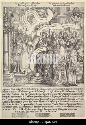 Maximilian présenté par ses saints Patrons au tout-puissant Hans Springinklee German 1519 principalement un concepteur de coupes de bois dans l'atelier de Dürer,Springinklee a travaillé tout au long de sa carrière sur des projets impériaux pour l'empereur Habsbourg Maximilien I. le programme de cette coupe monumentale de bois a été formulé par l'historien de la Cour et astronome Johannes Stabius peu après la mort de Maximilien en 1519.Les armoiries de Stabius sont visibles au pied de l’entrée, en bas à gauche ; les bras impériaux se plaissent en haut à droite.Springinklee représente Maximilian dans le ciel étant présenté par son patron sa Banque D'Images