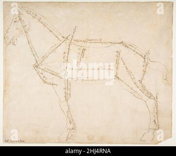 Dessin mesuré d'un cheval orienté vers la gauche (recto) env.1480–88 Andrea del Verrocchio Italien ce dessin est un exemple remarquable de la préoccupation de la Renaissance avec des proportions idéales, comme le montre l'Homme de Vitruvian de Leonardo da Vinci, l'élève le plus célèbre de Verrocchio.Verrocchio a commencé ce dessin en faisant un contour semi-stylisé du sujet.Il a ensuite schématisé le corps en le divisant et en l'incluant avec des mesures détaillées.La précision des mesures soutient l'idée que cette étude était liée à la statue équestre en bronze de Bartolomeo Colleoni, une commission VE Banque D'Images