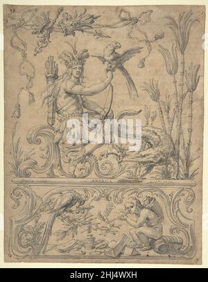 Allégorie de l'Amérique, des quatre continents 17th siècle Godfried Maes Flamand cette figure allégorique masculine inhabituelle du Nouveau monde appartient à un ensemble de dessins d'allégories des quatre continents.Les dessins ont probablement servi de modèles préliminaires pour les tapisseries.Les trois autres figures allégoriques sont représentées comme des femmes; et, les tapisseries et les tableaux connexes comprennent également une figure féminine de l'Amérique.L’allégorie américaine de Maes suit une tradition visuelle issue de l’Iconologia de l’humaniste italien Cesare Ripa (1603).Comme on l'a vu à Ripa, Maes montre l'Amérique portant une plume de hea Banque D'Images