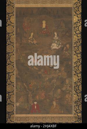 Shaka (Shakyamuni), le Bouddha historique, avec deux attendant Bodhisattvas et seize Arhats 14th siècle Japon ce rouleau dépeint le Bouddha sur une banque de nuages tourbillonnants au centre supérieur, prêchant à un groupe varié de figures à Vulture Peak.Il est flanqué de l'accompagnateur bodhisattvas: Fugen, à droite, à cheval sur un éléphant blanc, et Monju, à gauche sur un lion bleu.Au-dessous de cette triade céleste se trouvent seize arhats (rakans), des adeptes ascétiques éclairés du Bouddha, qui s'engagent dans une diversité d'activités dans un paysage de rochers déchiquetés, de cavernes, et de cascades qui se précipitent.Les rejoindre sont deux historiques f Banque D'Images