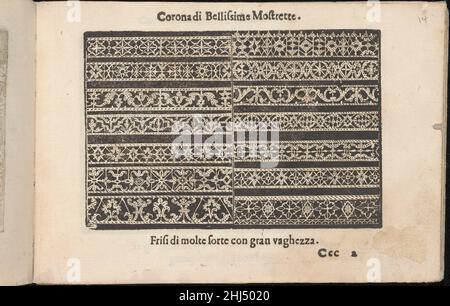 Corona delle Nobile et Virtuose donne, Balance Terzo, page 14 (recto) 1620 Cesare Vecellio Italien conçu par Cesare Vecellio, Italien, Pieve di Cadore 1521-1601 Venise, Venise, publié par Alessandro de' Vecchi, Italien, actif 17th siècle, Venise.de haut en bas,Et de gauche à droite : conception composée de 7 registres horizontaux qui sont divisés en moitiés.Chaque demi-registre est décoré avec un motif différent de fleurs et de feuillage, dont certains sont également illustrés avec des formes géométriques et des oiseaux.Corona delle Nobile et Virtuose donne, Balance Terzo, page 14 (recto) 358318 Banque D'Images