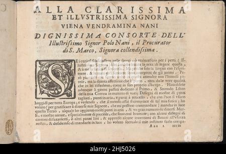 Corona delle Nobile et Virtuose donne, Balance Terzo, page 2 (recto) 1620 Cesare Vecellio Italien conçu par Cesare Vecellio, Italien, Pieve di Cadore 1521-1601 Venise, Venise, publié par Alessandro de' Vecchi, Italien, actif 17th siècle, Venise.page de dédicace imprimée en noir avec la première 'S' illustrée.Corona delle Nobile et Virtuose donne, Balance Terzo, page 2 (recto) 358318 Banque D'Images