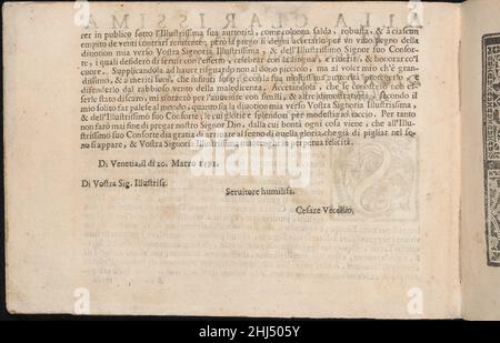 Corona delle Nobile et Virtuose donne, Balance Terzo, page 2 (verso) 1620 Cesare Vecellio Italien conçu par Cesare Vecellio, Italien, Pieve di Cadore 1521-1601 Venise, Venise, publié par Alessandro de' Vecchi, Italien, actif 17th siècle, Venise.Dedicace continue de la page précédente.Corona delle Nobile et Virtuose donne, Balance Terzo, page 2 (verso) 358318 Banque D'Images