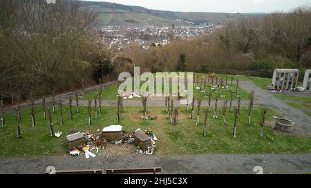 Ahrweiler, Allemagne.24th janvier 2022.Dans le vignoble du cimetière de Bergfriedhof, le défunt peut trouver son dernier lieu de repos parmi les vignes (vue aérienne prise par drone).La culture funéraire est en train de changer, les souhaits et les offres funéraires deviennent de plus en plus individuels.(À dpa «la créativité est en demande: De nouvelles formes d'enterrement sont de plus en plus populaires») Credit: Thomas Frey/dpa/Alamy Live News Banque D'Images