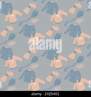 Motif de Noël confortable sans couture avec chandails, moufles, foulards et silhouette de chapeaux.Palette bleue et rose.Illustration du stock.Conception vectorielle pour texti Illustration de Vecteur