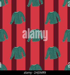 Pull vert confortable à dessin à la main et motif de caniche sans couture.Arrière-plan rayé rouge.Illustration vectorielle pour les imprimés textiles de saison, le tissu, les bannières et le verso Illustration de Vecteur
