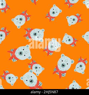 Motif aléatoire sans coutures avec silhouettes à motif ours en forme de marin.Arrière-plan orange vif.Illustration vectorielle pour tirages textiles de saison, fabr Illustration de Vecteur