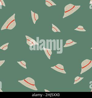 Motif aléatoire sans couture avec décoration chapeau panama de couleur grise.Fond vert pastel pâle.Motif graphique pour le papier d'emballage et les textures de tissu.Ven Illustration de Vecteur