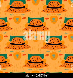 Motif animal abstrait sans couture pour enfant avec imprimé ours en peluche.Drôle d'animaux d'orange dans des chapeaux mignons.Imprimé vectoriel plat pour le textile, le tissu et le cadeau Illustration de Vecteur