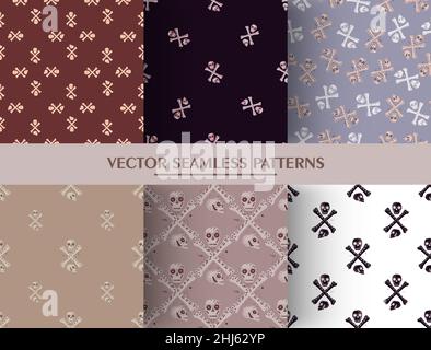 Ensemble de motifs sans couture avec des crânes de dessin animé et des os décoratifs.Collection de crânes et d'os dessinés à la main.Illustration vectorielle pour tirages textiles, Illustration de Vecteur