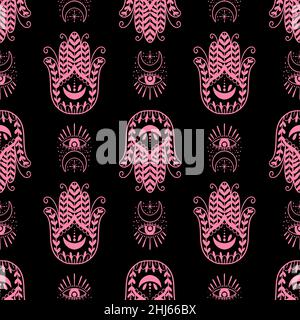 Mystic modèle sans couture hamsa et symbole de l'œil mal.magie ésotérique amulette occulte.Abstract style dessiné à la main. Illustration de Vecteur