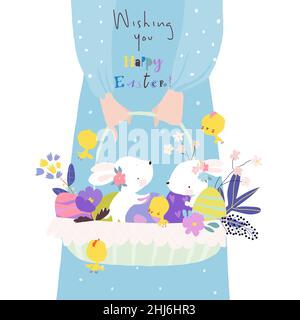 Panier de conservation pour fille avec œufs de Pâques et lapins drôles Illustration de Vecteur