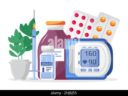 Vecteur de contrôle de l'insuline.Obtenez votre injection d'insuline gratuitement, une seringue pour diabétiques.Seringue avec flacon de vaccin.traitement diabète de type 2, sensibilisation Illustration de Vecteur