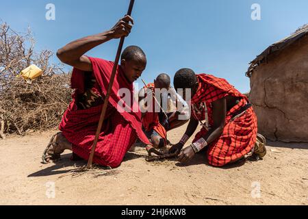 PARC NATIONAL D'AMBOSELI - 17 SEPTEMBRE 2018 : les guerriers de Maasai font le feu sans l'aide de matchs Banque D'Images