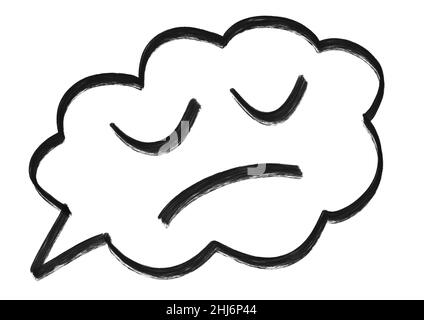 Bulle vocale avec yeux fermés visage et smiley dessinés en noir sur fond blanc isolé.Nuage de sommeil avec emoji pour le chat et le massage.Fonction Banque D'Images