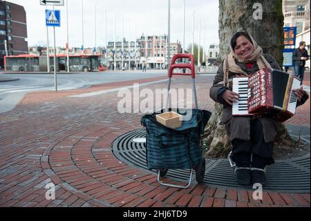 Haarlem, pays-Bas.Roma femme jouant son accordéon sur une place de la gare pour gagner un dollar ou deux par jour.Des hommes et des femmes roms sont transportés en masse dans les pays d'Europe occidentale pour gagner des pourboires et des coupures d'argent de différentes manières pour soutenir leur vie dans la pauvreté et les groupes de trafic d'Huma qui les amènent à l'Occident. Banque D'Images