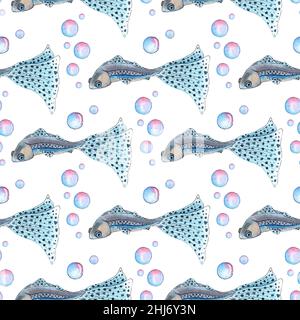 Motif aquarelle d'illustration d'un petit poisson bleu avec une grande queue à pois et des bulles.Imprimé répété sans couture poisson d'aquarium guppy.Se Banque D'Images