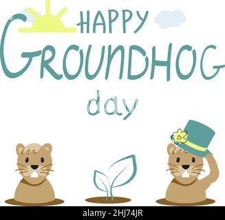 Inscription à la main Happy Groundhog Day.Des marteins, des nuages et du soleil mignons et animés isolés sur fond blanc.Mink. De marmotte Illustration de Vecteur