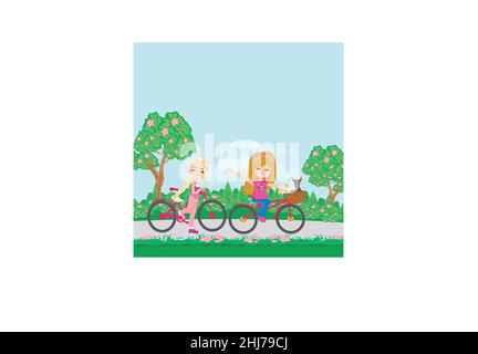 les enfants font du vélo dans le parc le jour du printemps Illustration de Vecteur