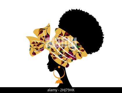 Portrait belle femme africaine en turban traditionnel motif tribal fait main fleurs de mariage, tête Kente envelopper africain avec des boucles d'oreilles ethniques, noir Illustration de Vecteur