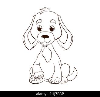 Livre de coloriage petit chiot drôle avec des oreilles couchées est assis sur ses pattes arrière.Illustration vectorielle , style de dessin animé, dessin au trait noir et blanc Illustration de Vecteur