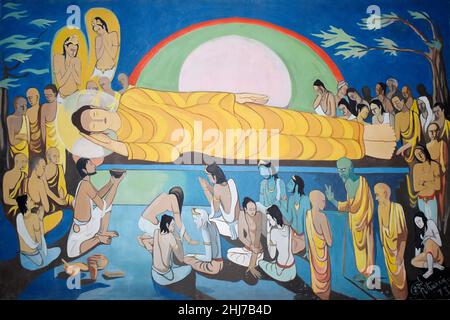 Bouddha endormi, peinture dans Chetiyagiri Vihar de la société Mahabodhi du Sri Lanka à Sanchi, Madhya Pradesh, Inde. Banque D'Images