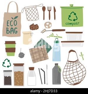 Illustration du vecteur du jeu de déchets zéro dessiné à la main. Illustration de Vecteur