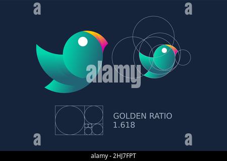 Golden ratio oiseau.Principe de conception Golden ratio.Perroquet bleu-vert ou moineau en cercles.Grille Golden numéro 1,618.Proportion divine.Vecteur Illustration de Vecteur