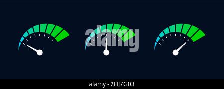 Icône de jauge définie.Échelle de mesure basse, modérée, élevée.Tableau de bord de voiture moderne.Indicateur de vitesse au néon bleu-vert.Indicateur de niveau coloré.Vecteur Illustration de Vecteur