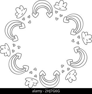 Amour monoline vecteur Doodle cadre d'arcs-en-ciel, coeur et nuages.Couronne dessinée à la main Saint-Valentin avec espace d'imitation.Décor pour carte de vœux, mariage Illustration de Vecteur