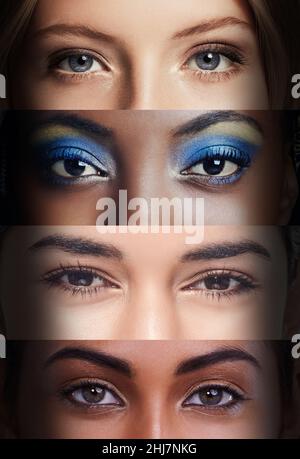 Montrant leur âme.Vue rognée de quatre yeux de femmes de différents pays. Banque D'Images