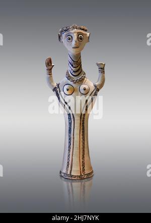 Statuette de figurine de poterie mycénienne d'une déesse faite sur une roue de poterie, Tiryns Basse Citadelle, 12th cent BC.: sur fond gris.Photographe Banque D'Images