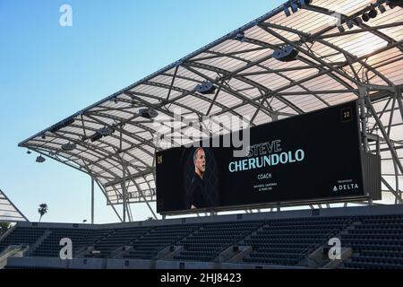 La signalisation est illuminée lors d'une conférence de presse pour présenter Steve Cherundolo comme nouvel entraîneur-chef du LAFC, mercredi 5 janvier 2022, à Los Angeles. (Dylan Stewart/image du sport) Banque D'Images