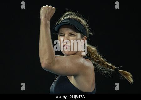 Melbourne, Australie.27th janvier 2022.Danielle Collins, des États-Unis, célèbre lors du match sémifinal féminin contre IGA Swiatek, de Pologne, à l'Open d'Australie à Melbourne Park, à Melbourne, en Australie, le 27 janvier 2022.Credit: Hu Jingchen/Xinhua/Alay Live News Banque D'Images