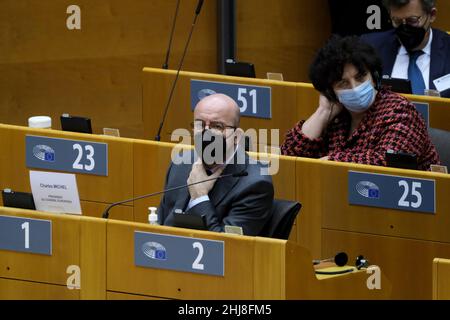 Bruxelles, Belgique.27th janvier 2022.Vue d'ensemble d'une session plénière spéciale pour marquer le jour commémoratif de l'Holocauste, au Parlement européen à Bruxelles, Belgique, le 27 janvier 2022.Crédit: ALEXANDROS MICHAILIDIS/Alamy Live News Banque D'Images