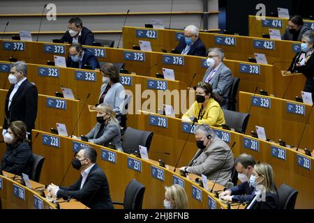 Bruxelles, Belgique.27th janvier 2022.Vue d'ensemble d'une session plénière spéciale pour marquer le jour commémoratif de l'Holocauste, au Parlement européen à Bruxelles, Belgique, le 27 janvier 2022.Crédit: ALEXANDROS MICHAILIDIS/Alamy Live News Banque D'Images